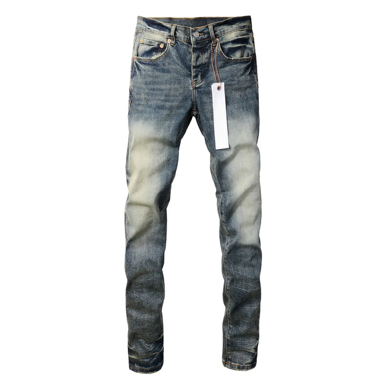 Ungu kualitas tinggi merek ROCA Jeans 1:1 jalan biru pemutih Matte cuci mode perbaikan rendah naik celana Denim kurus