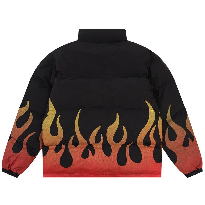 남성용 플레임 프린트 패딩 재킷, 겨울 스트리트웨어, 느슨한 드로스트링 밑단, 긴 소매 스탠드 칼라, 두껍고 따뜻한 퀼트 아웃웨어