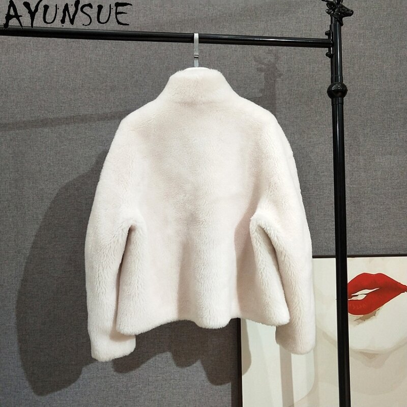 Ayunsu-معطف قصير من الصوف الحقيقي للنساء ، سترة سترة ، ياقة ثابتة ، سترات أنثوية ، نمط دافئ ، خريف ، شتاء ، 100% ، 2023