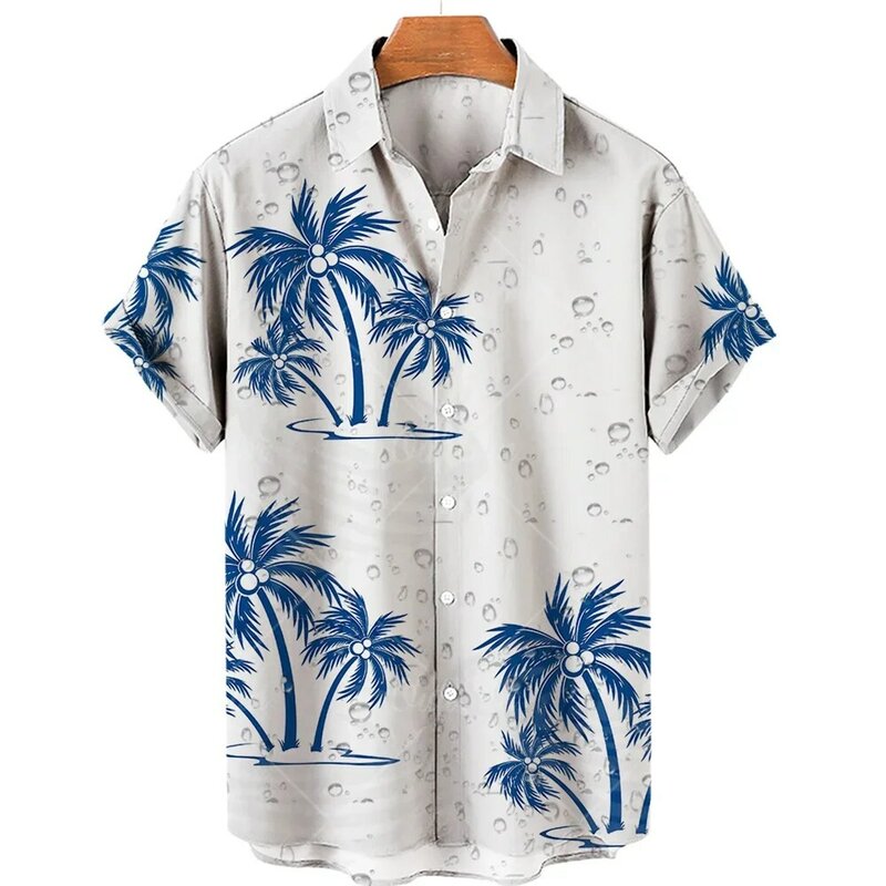 Kemeja pantai pohon kelapa dicetak, kemeja Hawaii gaya sederhana musim panas pria tepi pantai cepat kering lengan pendek pakaian kasual pria