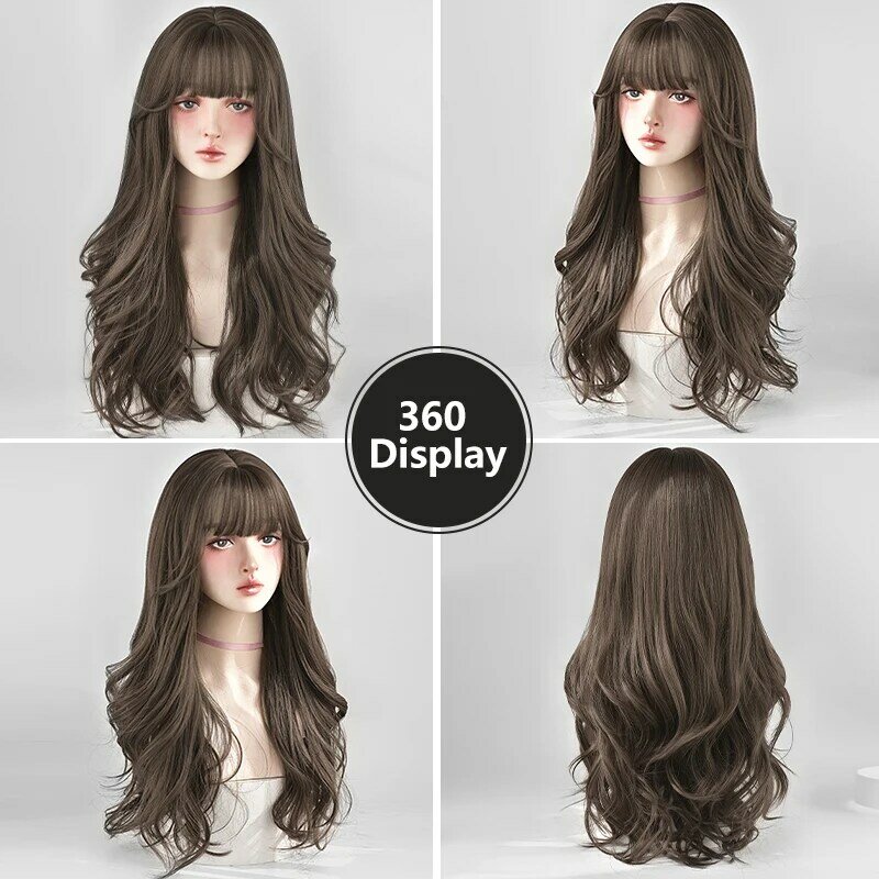7JHH WIGS Loose Body Wave Cool Brown Wigs with Neat Bangs High Density Synthetic Wavy Brown Hair Wig for Women Natural Looking