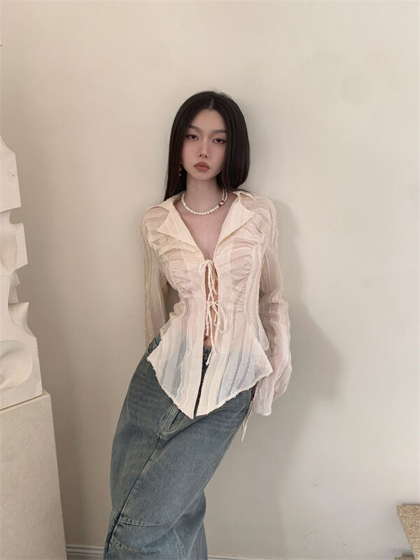 Yedinas Fairycore Lace Up Blouse Women Long Sleeve Spring 2023 New Turn-down Collar Women Shirt Ladies Tops Korean Fashion Chic