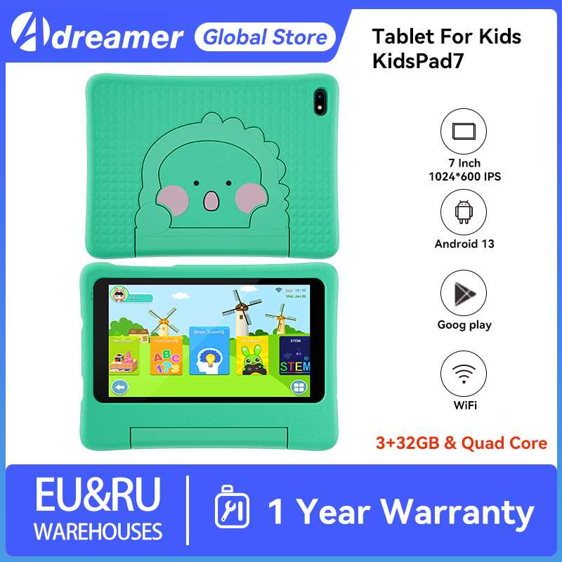 Adreamer Tablet 7 inci anak-anak, Tablet PC Quad Core RAM 3GB ROM 32GB, Tablet belajar anak-anak dengan pemegang 3000mAh