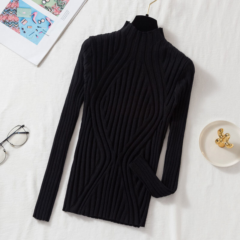 Women's Clothing Korean Jumpers Pullovers half high neck knitted bottom long sleeved top autumn winter slimming adult Sweaters
