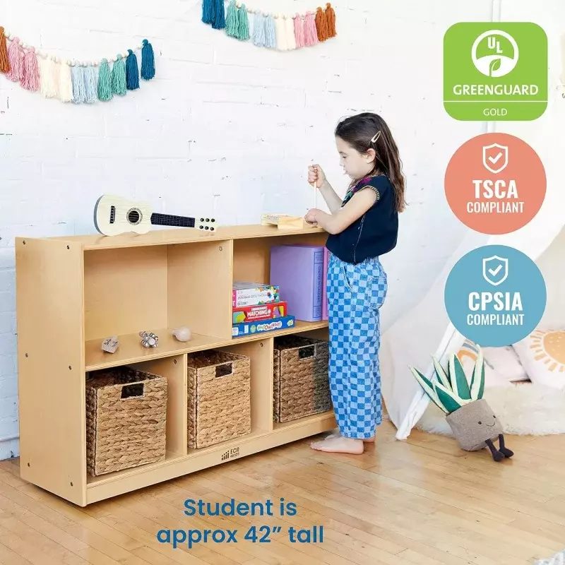 ECR4Kids 5-Compartment Mobile Storage Cabinet, 30in, Classroom Furniture, Natural