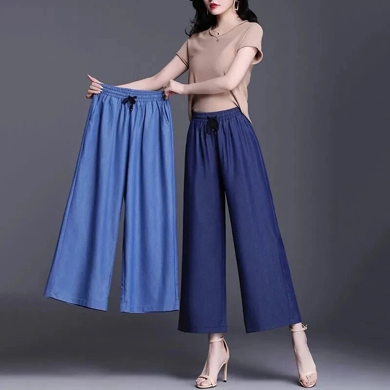 Letnie lodowy jedwab dżinsowe spodnie z szerokimi nogawkami damskie cienkie elastyczny, wysoki dżinsy damskie spodnie do kostek proste spodnie damskie