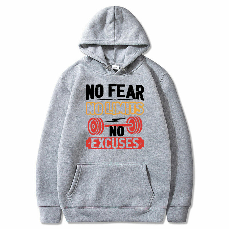 Funny No Fear No Limits No Excuses Graphic Print Hoodie Men's Casual Oversized Sweatshirt Men Women Fitness Gym Vintage Hoodies
