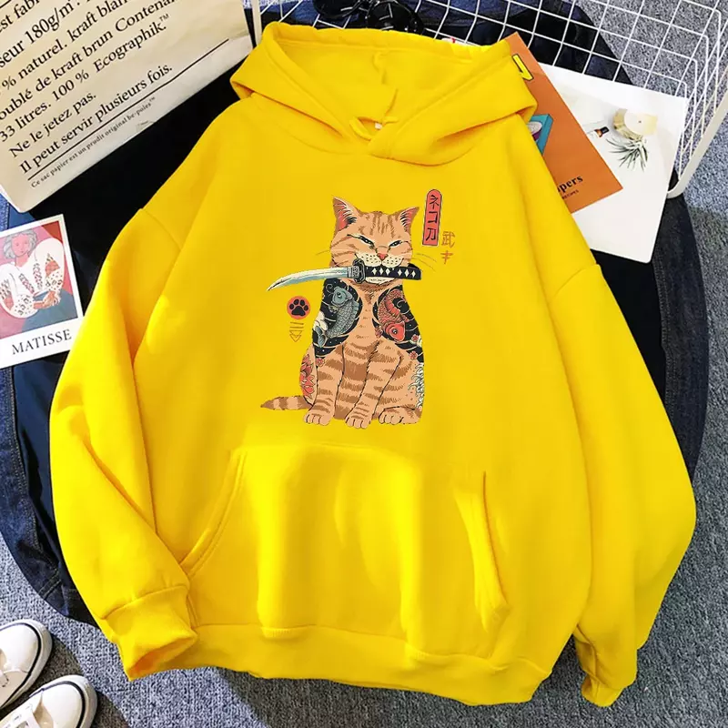 Флисовые пуловеры в стиле хип-хоп, флисовая Свободная Женская толстовка с креативным круглым вырезом, худи с японским мультяшным котом укиё-э-принтом, Женская толстовка