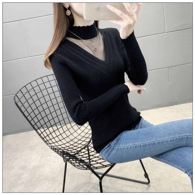 Spring And Autumn New Women's Half Turtleneck Knitted Bottoming Sweater Autumn And Winter Lace Slim Fit Long Sleeve Top All-matc