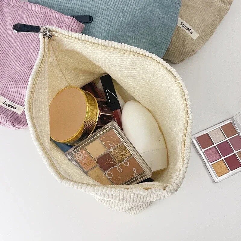Solid Color Corduroy Makeup Pouch Cosmetic Bag Large Capacity Storage Bag Portable Wash Skincare Toiletry Bag Travel Organizer