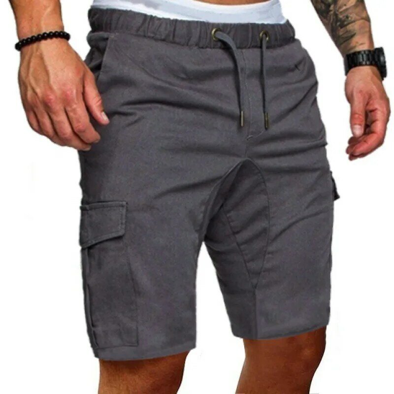Шорты-карго мужские однотонные, повседневные короткие штаны-карго, много карманов, на шнуровке, свободные короткие брюки, лето