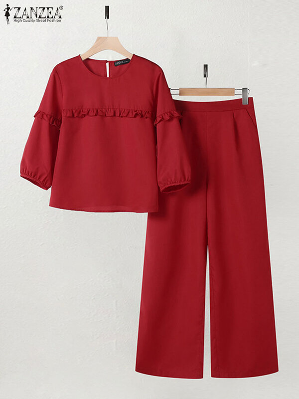 Modne zestawy spodnie damskie ZANZEA 2024 pasujące zestawy 3/4 rękaw z falbanami luźne garnitury szerokie spodnie nogi 2 bluzki Streetwear