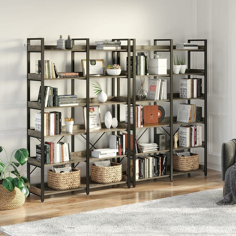 Siebens telliges Bücherregal 6 Tier mit 4 Haken, 69 "industrielles Bücherregal aus Holz, Vintage-Lager regal mit offenen Regalen