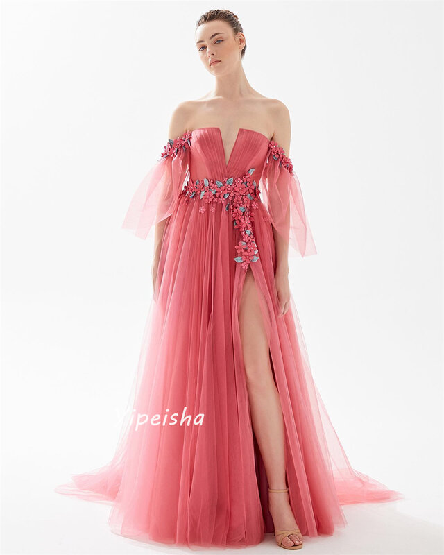 Wykwintna, nowoczesna suknia balowa z odkrytymi ramionami w kwiaty z drapowanymi tiulowe sukienki wieczorowe bez pleców do podłogi