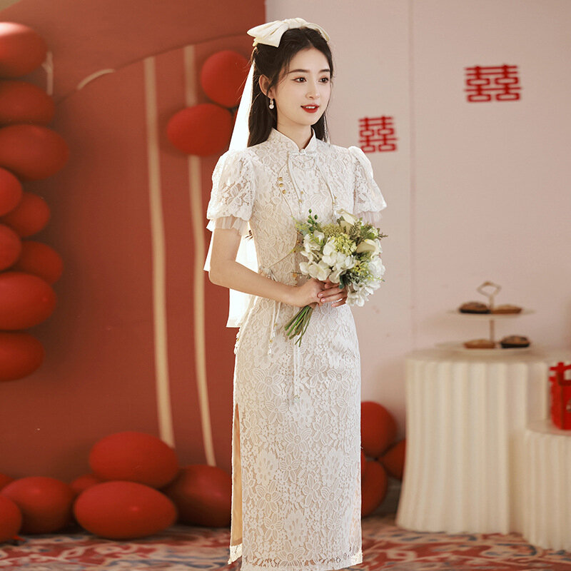 花嫁のための中国の白いチャイナドレス,セクシーなレースのブライダルガウン,女性のためのブライダルウェア,イブニングウェア