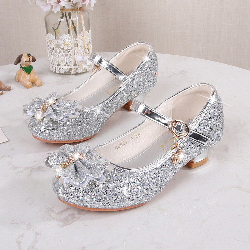 2024 Fashion Princess Butterfly Leather Shoes Girls Party Dance Bowknot Shoes Kids Diamond High Heel Children Dance Glitter Shoe