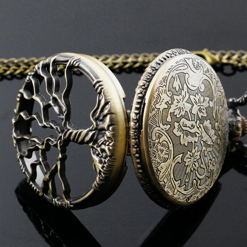 Reloj de bolsillo de cuarzo con diseño de árbol de la vida antiguo de bronce con colgante de collar Steampunk, cadena única, regalos para hombres y mujeres