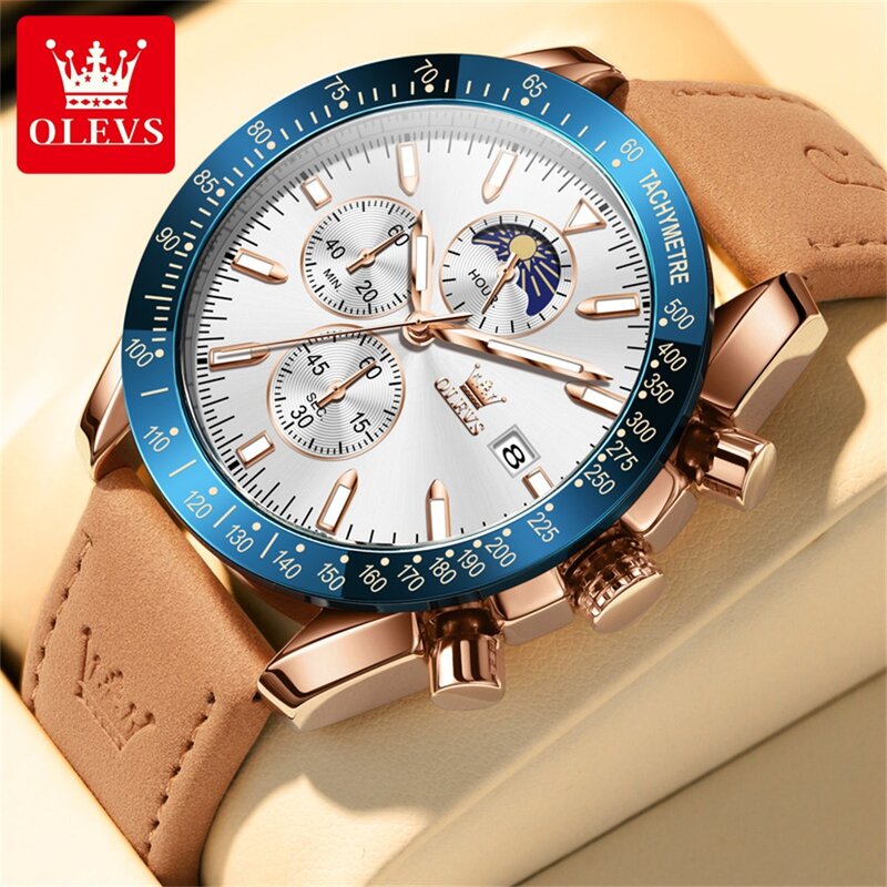 OLEVS Luxury Man Watch cronografo impermeabile di alta qualità orologio da polso da uomo luminoso in pelle da uomo orologi al quarzo orologio Casual