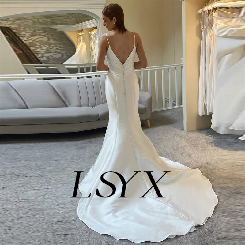 LSYX-Deep V-Neck mangas vestido de casamento cetim, pregas simples, Vestido De Noiva Sereia, Botão Aberto Voltar, Tribunal Trem vestido de noiva, Custom Made