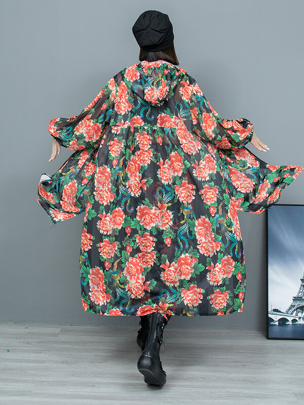 중국 스타일 모란 얇은 후드 불규칙 롱 재킷 및 하렘 바지 투피스 세트, 여성 패션 바지 세트, LX1044, 2024 여름 신상