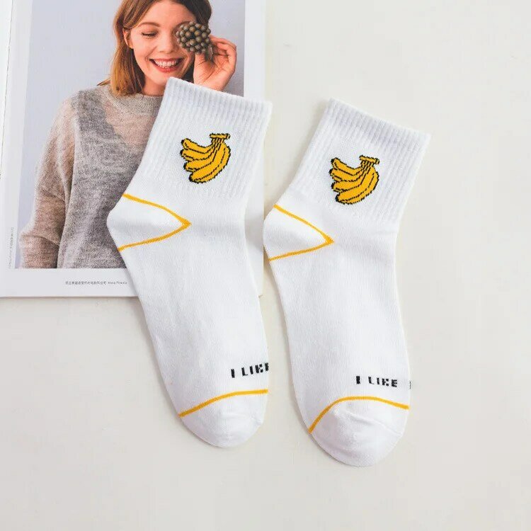 Female Pure Cotton Socks with A Cute Korean Pencil and Fruit Pattern for Students in Spring and Summer