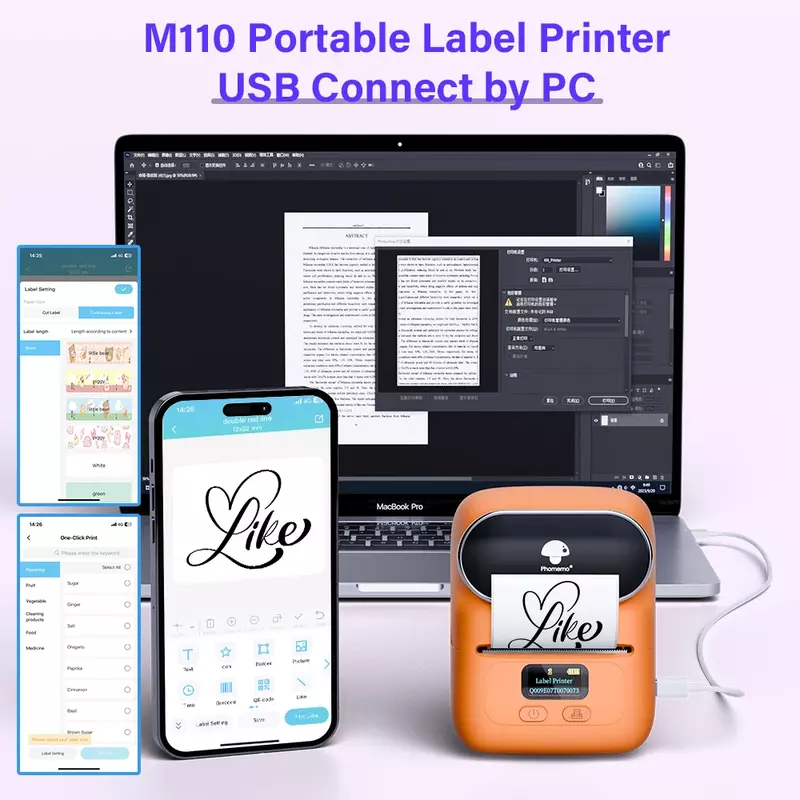 Phomemo-Imprimante d'étiquettes thermique sans fil M110, portable, Bluetooth, autocollant, mini imprimante, fabricant d'étiquettes de codes-barres, étiquette de prix, bricolage