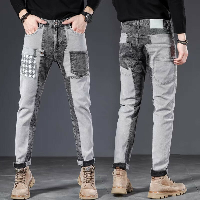 Celana panjang desainer pria, Jeans kasual musim semi dan musim gugur Slim Fit Korea tambal sulam trendi Skinny regang abu-abu mewah
