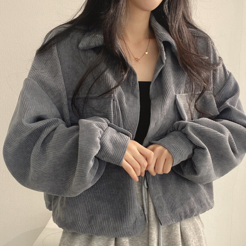 Corduroy Cropped Women Jackets Korean Loose Harajuku Vintage Streetwear Coat Spring Autumn Fashion Female Jacket Tops