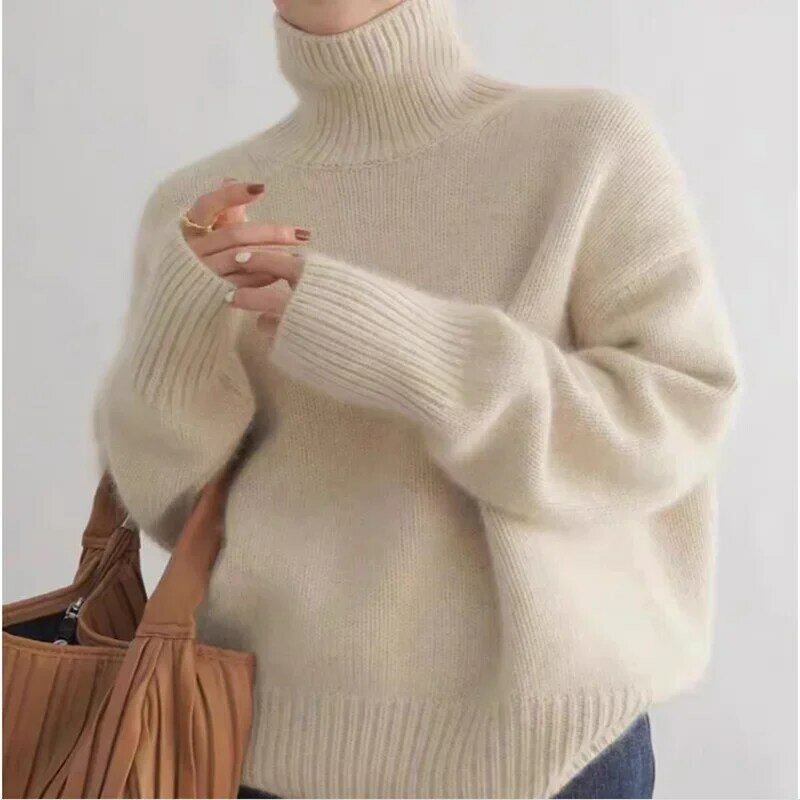 Pullover collo alto maglione di lana da donna autunno e inverno lavorato a maglia allentato casual nuovo maglione di lana 100% da donna a maniche lunghe
