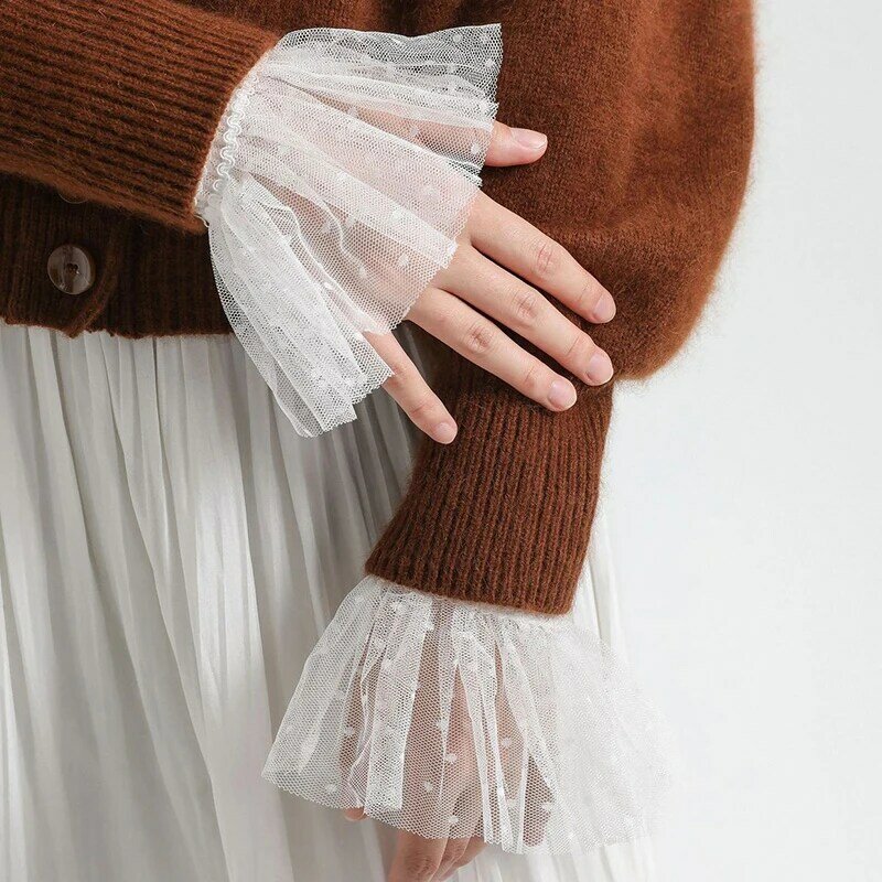 Модный женский свитер, накладные рукава, ажурные крючком кружевные оборки, роговые манжеты, нарукавники, накладные манжеты