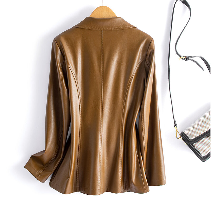 Casaco de pele de carneiro feminino curto casual casacos de couro real manga longa, botão coberto, elástico na cintura, moda feminina, novo, 2024