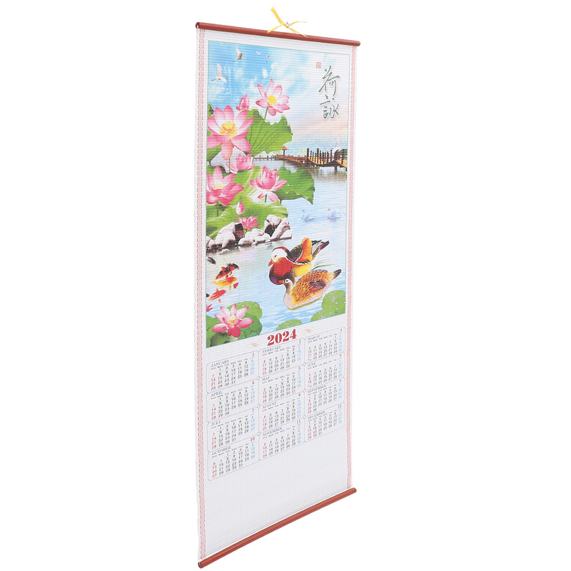 Calendário pendurado lunar vintage, ornamento chinês do rolo, impressão dos desenhos animados, flor, ano lunar
