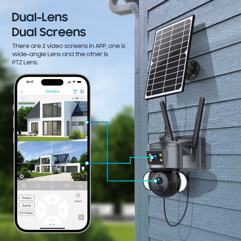 Shiwojia 4k 8mp Solar kamera 4g Sim/Wifi Sicherheit Outdoor Dual Lens Aufnahme Humanoid Tracking Farbe Nachtsicht Ptz Cam