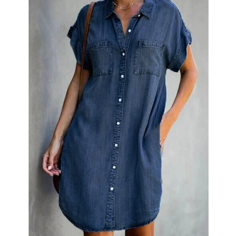Женское джинсовое платье-рубашка с коротким рукавом, состаренное джинсовое платье на пуговицах, Повседневная Туника, Топ