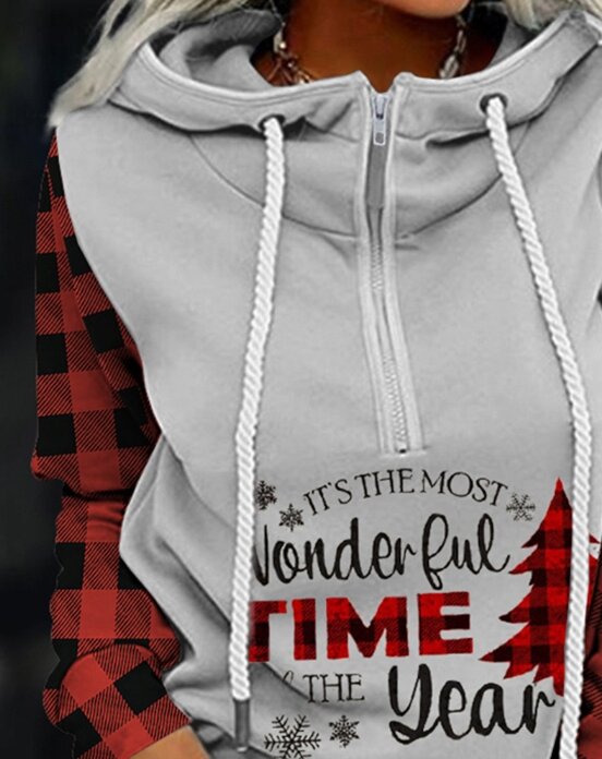 Hooded Sweatshirt for Women 2023 New Autumn and Winter Commuting Christmas Printed Plaid Patchwork Zipper Design Hoodie Pullover