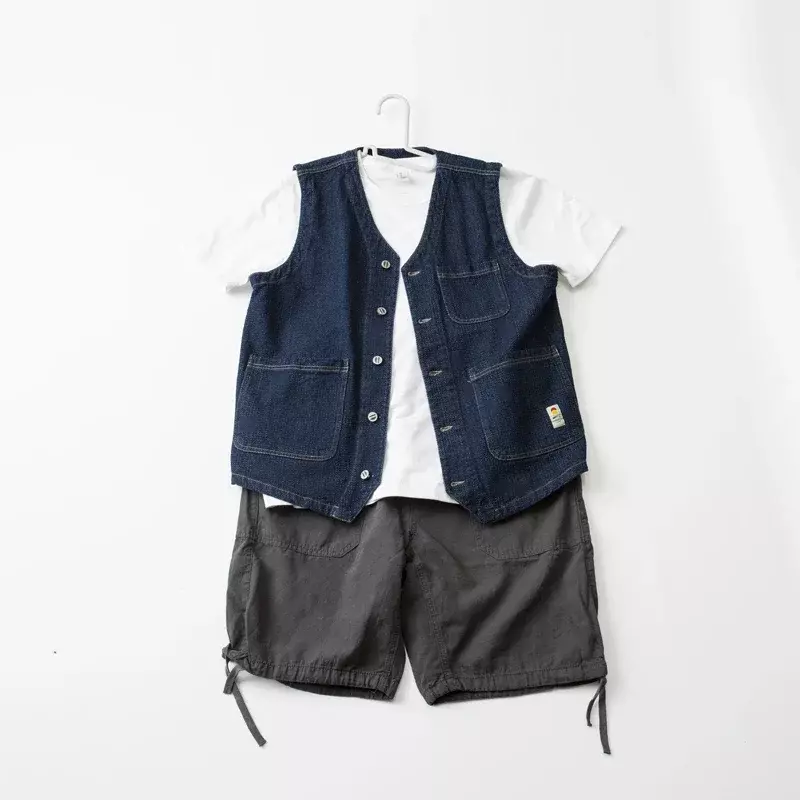 Imitation Kendo Cloth Pineapple Grain Texture Navy Japan Multi Pocket Vest Men's Single Breasted V-neck Loose Coat Retro