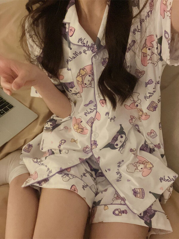 Pijama Sanrio Kuromi para mulheres, pijamas melódicos, estampa coreana da moda, manga longa, conjunto de pijama dos desenhos animados, roupas domésticas, Y2k, primavera, fofo, novo