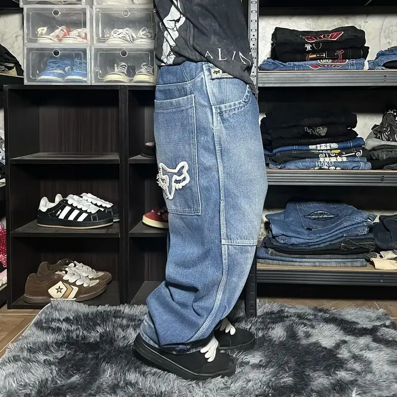 Новые мешковатые джинсы с вышивкой Y2K с необработанными краями, винтажные моющиеся синие широкие брюки, мужские и женские свободные брюки в стиле Харадзюку, хип-хоп с высокой талией