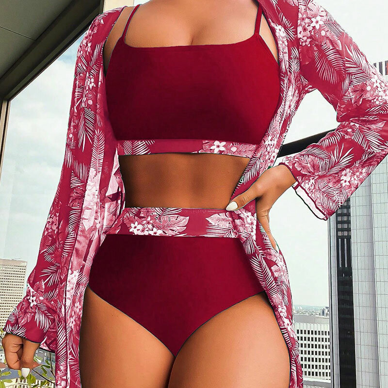 Glänzende neue sexy Bikini mit hoher Taille 3-teiliges Set Badeanzug mit Ahornblatt-Print Damen-Bikini-Set Split-Bade bekleidung Langarm-Top