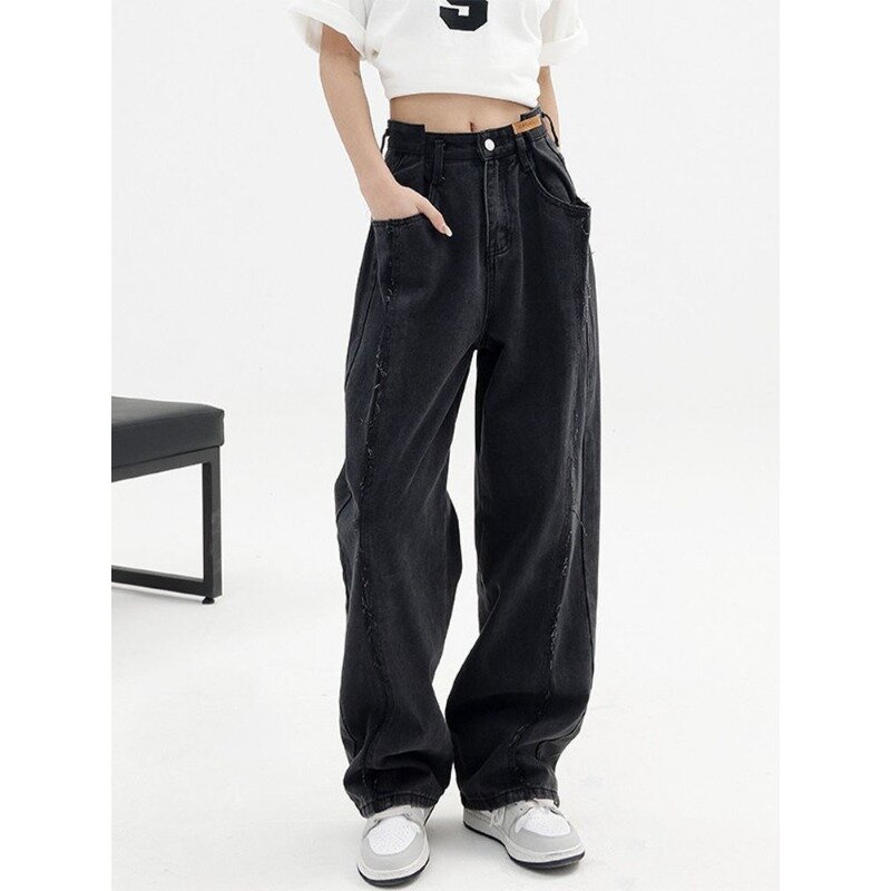 Deeptown-Jeans vintage folgados femininos, Y2k, Harajuku, perna larga, calça jeans preta, cintura alta, calça de streetwear, grunge, coreano, 2024