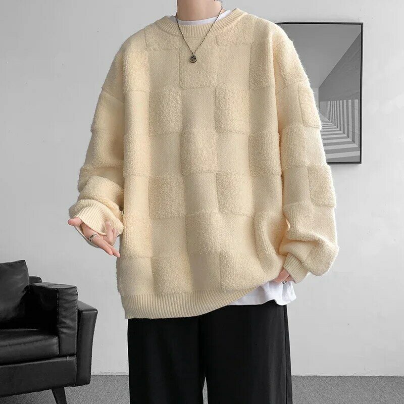 Nowy amerykański styl ręcznik w kratkę modny sweter męski jesienno-zimowy luźny sweter Unisex sweter Streetwear