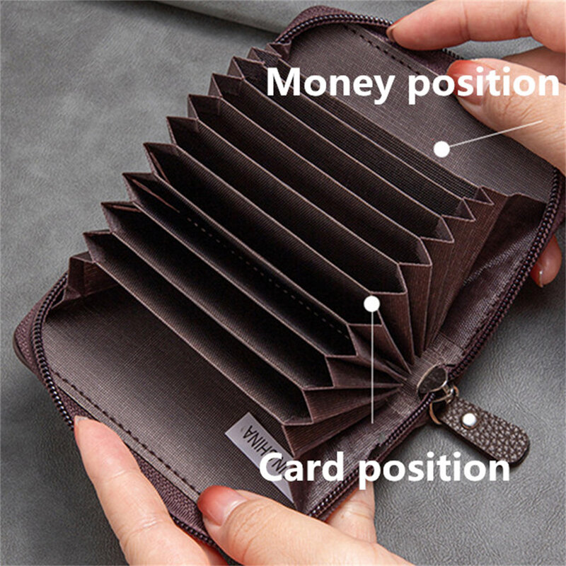 Винтажный маленький кошелек с несколькими отделениями для карт для мужчин и женщин, деловая сумка для банковских карт, мужской мешочек для мелочи, однотонный кожаный бумажник на молнии