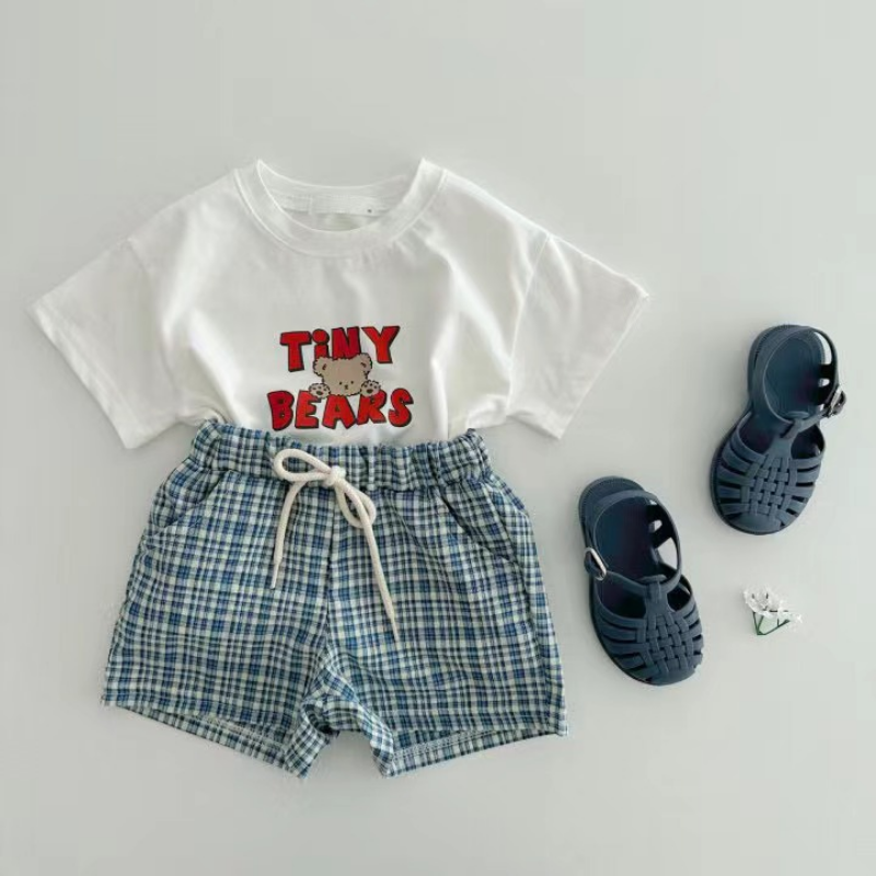 Setelan baju katun tipis bayi laki-laki perempuan, setelan baju katun tipis kasual motif huruf beruang lucu lengan pendek + celana pendek kotak-kotak musim panas