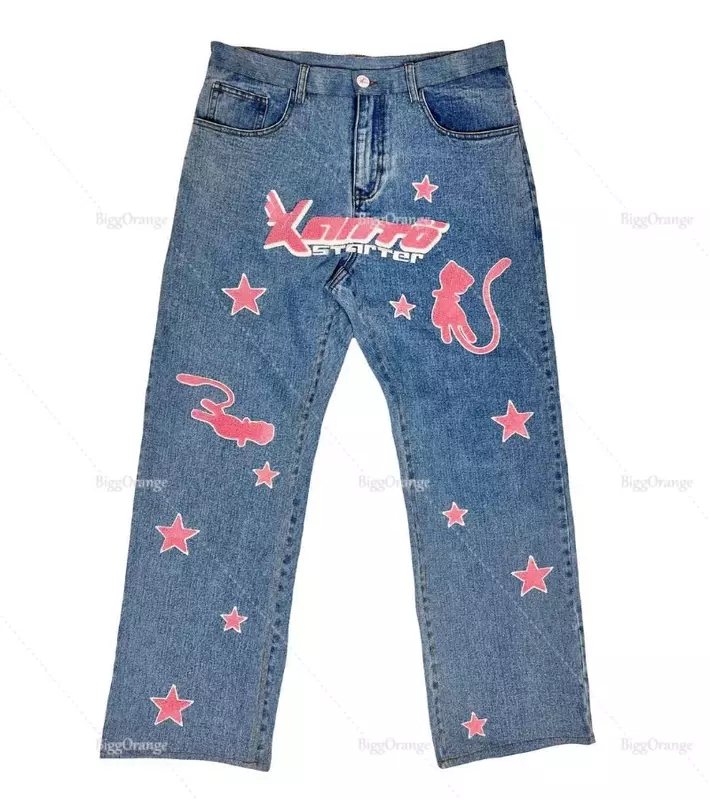 Alta qualidade rosa bordado jeans estrela impressão high street 2023 nova versão coreana de solto reta ampla perna calças baggy jean