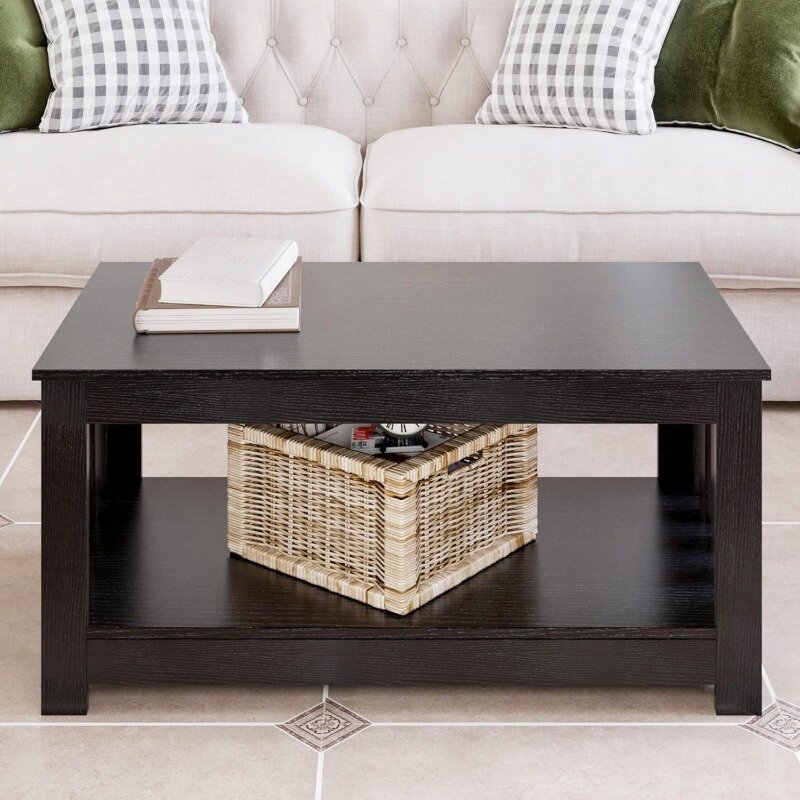 Mesa de centro de madera para sala de estar, mesa Rectangular pequeña de 2 niveles, color negro, 38 pulgadas