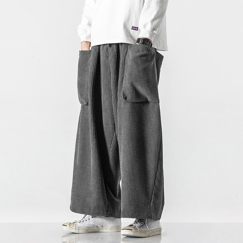 Luźne sztruksowe spodnie w stylu chińskim w stylu Vintage z dużymi kieszeniami męskie spodnie haremowe z szerokimi nogawkami codzienne męskie spodnie po japońsku