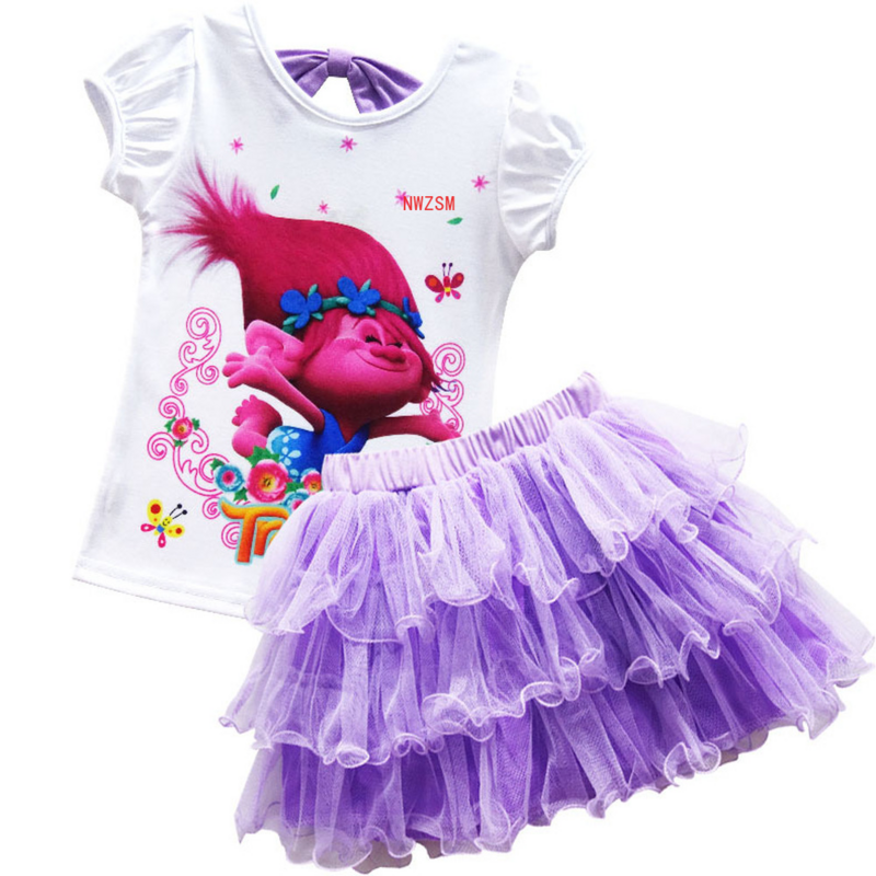 Модная детская одежда, футболка и юбка для девочек аниме-тролли, костюм для дня рождения из 2 предметов, летнее платье, мультяшное женское платье
