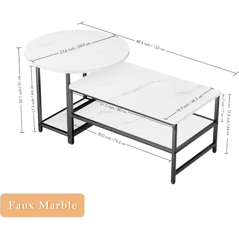 Tables basses modernes en faux marbre blanc pour salon, poignées amovibles, 2 petites tables basses, café central, café