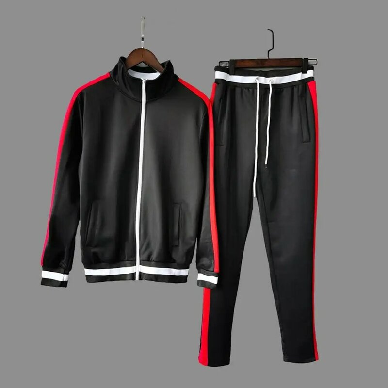 Conjunto de chándal de retazos de manga larga con cremallera y cordón, ropa deportiva cálida, traje de cuello alto, 2 piezas