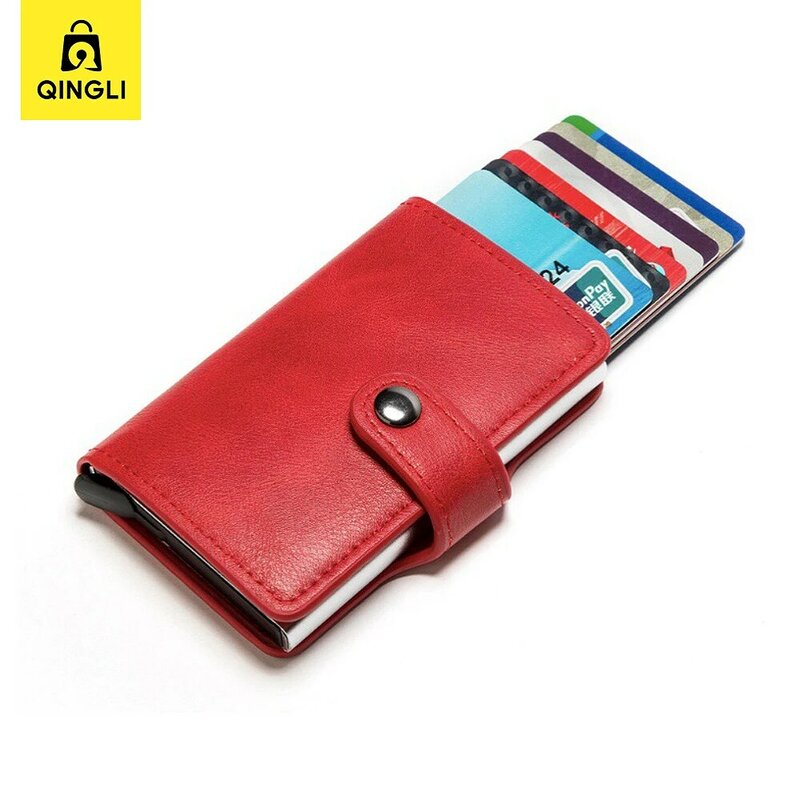 เคสขนาดเล็กสำหรับอะลูมินัมอัลลอยกระเป๋าเก็บบัตร RFID กันขโมยแบบป๊อปอัพสำหรับผู้ชายกระเป๋าหนังใส่บัตรเครดิตพับได้กระเป๋าเงินใส่บัตร